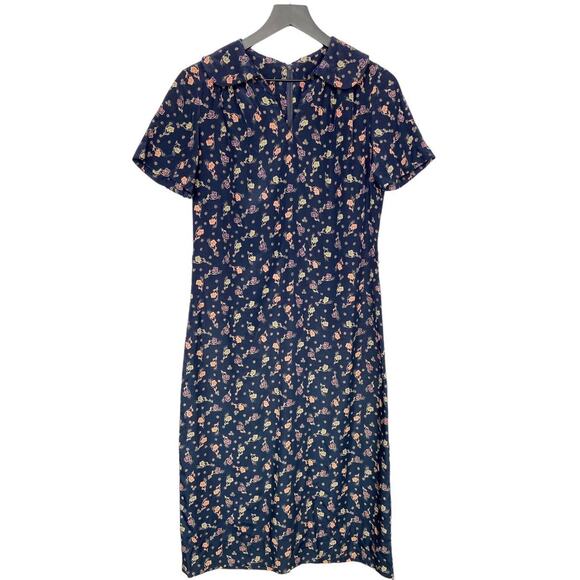 Vintage Handmade Navy Blue Floral Midi Dress Women’s M Short Sleeve Cottagecore - Picture 1 of 10